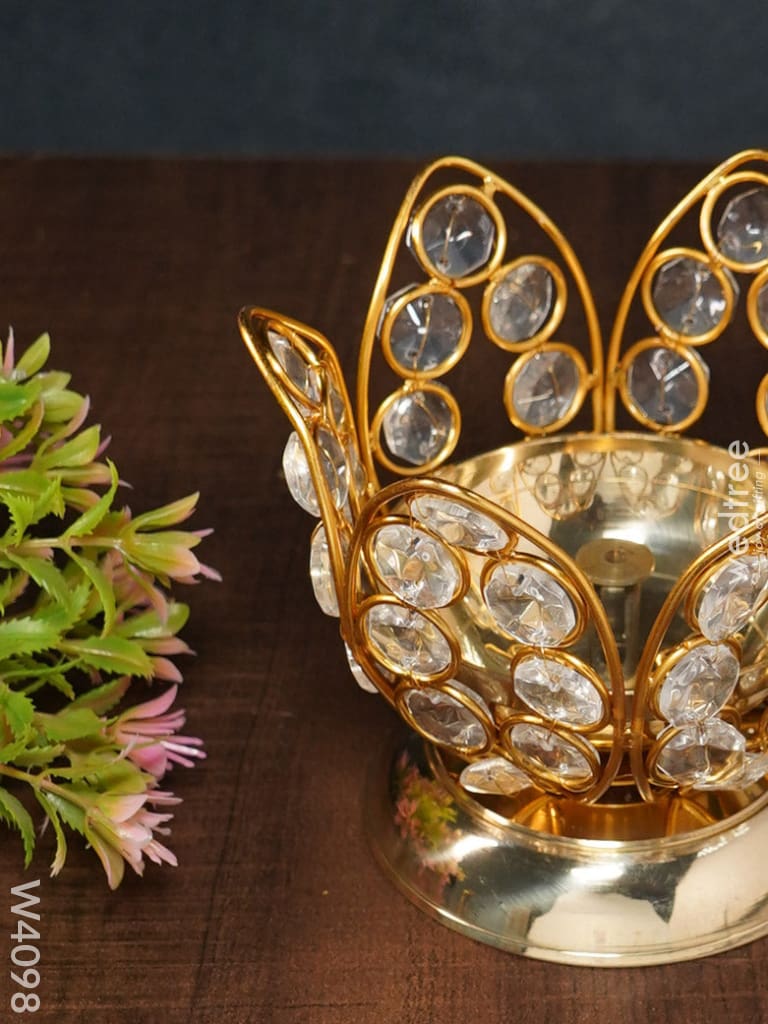 Decorative Lotus Shaped Crystal And Brass Diya 3 Inch - W4098 Gifts