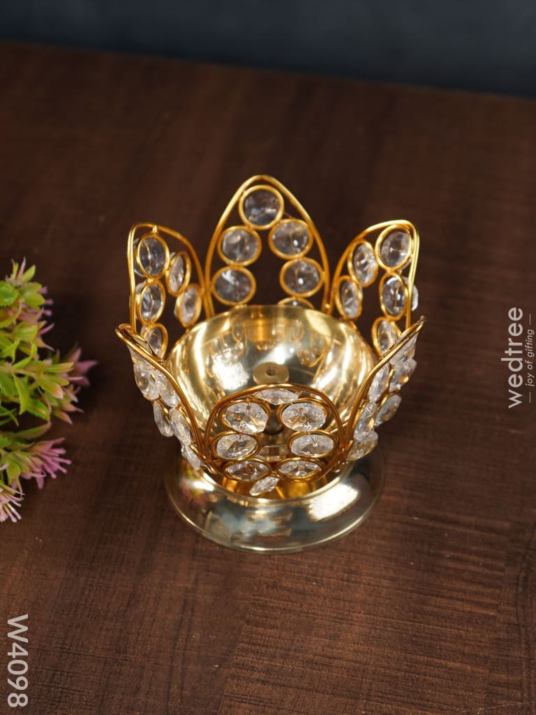 Decorative Lotus Shaped Crystal And Brass Diya 3 Inch - W4098 Gifts