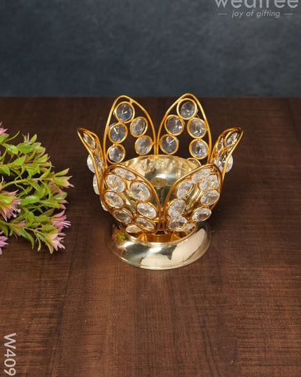 Decorative Lotus Shaped Crystal And Brass Diya 3 Inch - W4098 Gifts