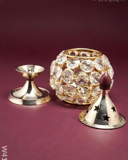 Decorative Matki shaped Crystal and Brass Diya 1.4 inch - W4114 - Crystal Diya RG