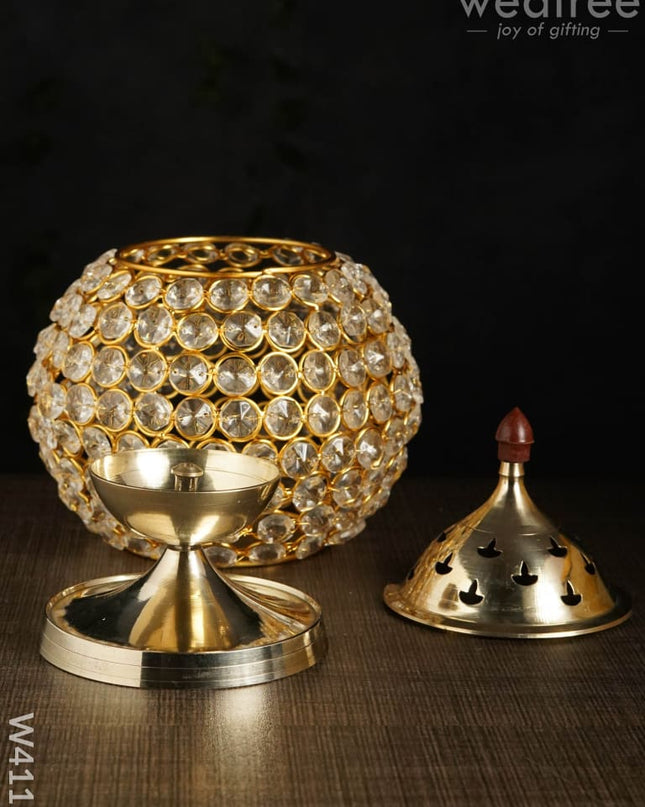 Decorative Matki Shaped Crystal And Brass Diya 2.8 Inch - W4116 Gifts