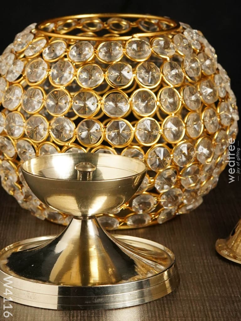 Decorative Matki Shaped Crystal And Brass Diya 2.8 Inch - W4116 Gifts