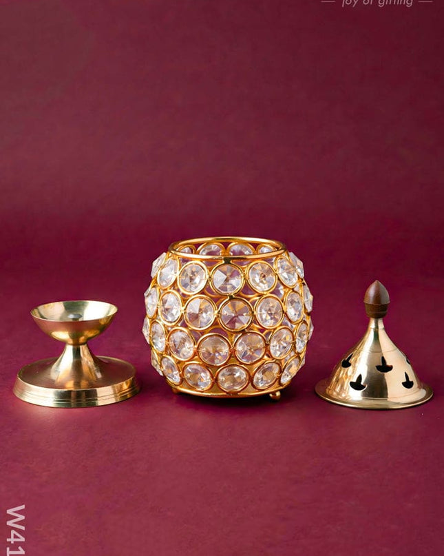 Decorative Matki shaped Crystal and Brass Diya 2 inch - W4115 - Crystal gifts