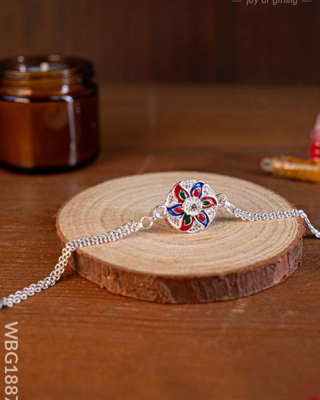 Designer Rakhi - Silver - Flower - WBG1887-4 - Add-ons
