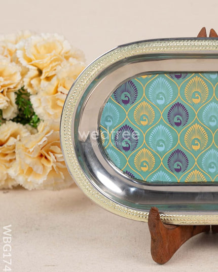 Digital Printed Meenakari Oval Plate - Peacock Design - WBG1742 Meenakari Trays & Plates