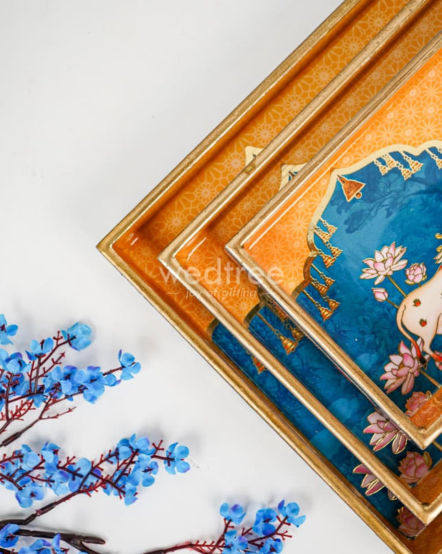 Digital Printed Pichwai Tray - Set Of 3 Wl4545 Wooden Trays
