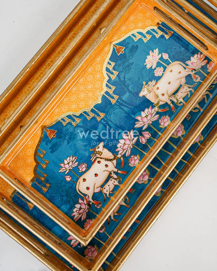 Digital Printed Pichwai Tray - Set Of 3 Wl4545 Wooden Trays
