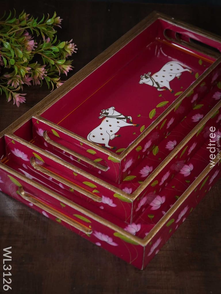 Digital Printed Pichwai Trays (Pink) - Set Of 3 Wl3126 Wooden