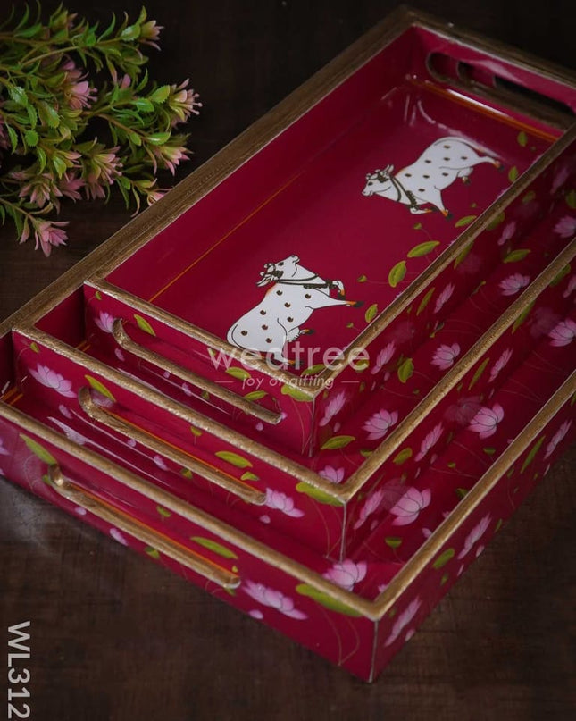 Digital Printed Pichwai Trays (Pink) - Set Of 3 Wl3126 Wooden