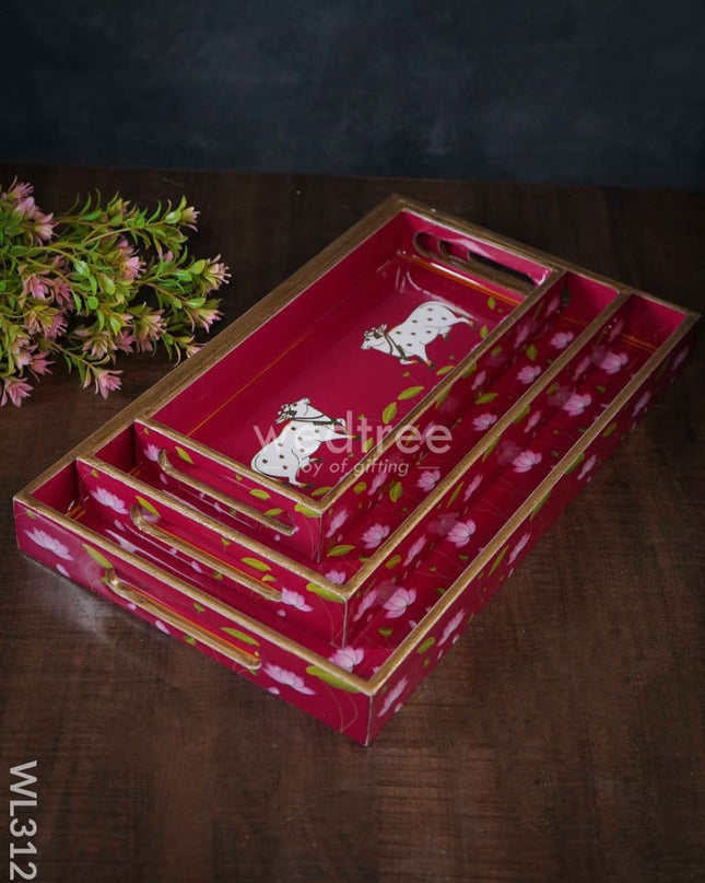 Digital Printed Pichwai Trays (Pink) - Set Of 3 Wl3126 Wooden