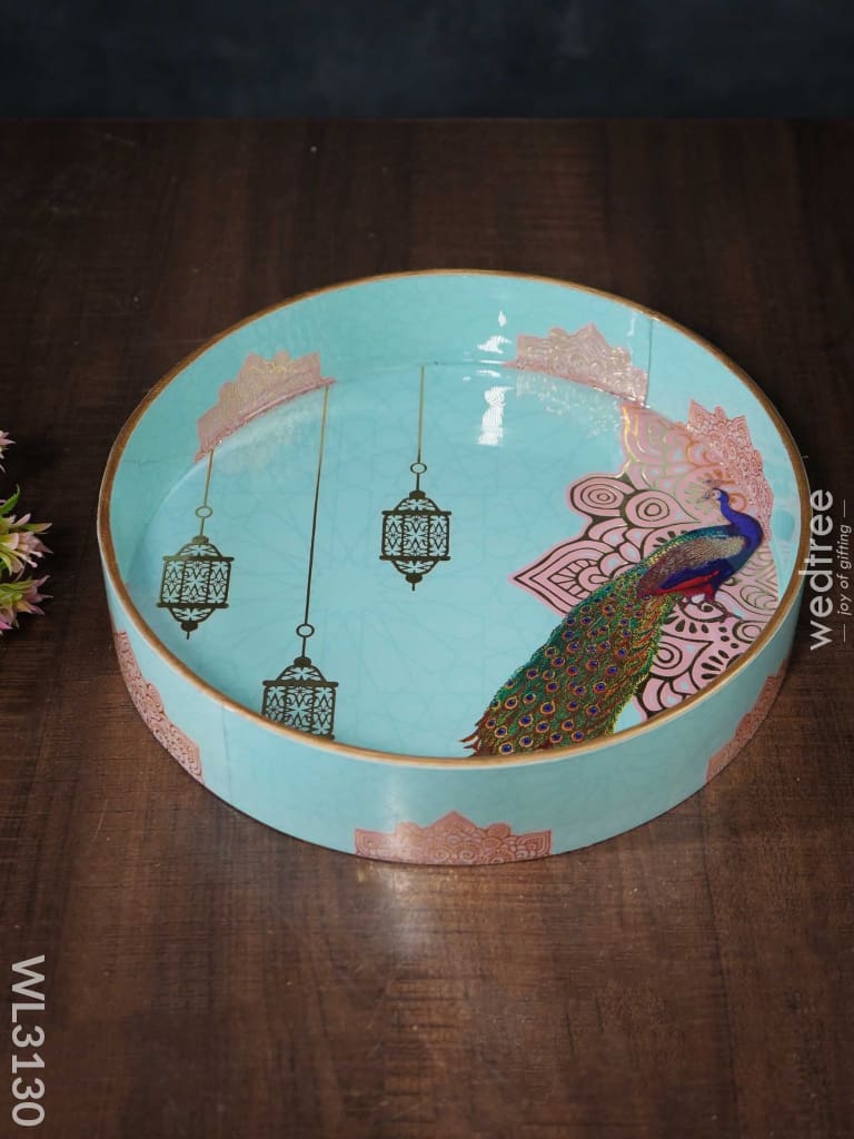 Digital Printed Round Peacock Tray - Wl3130 Wooden Trays