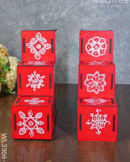 Dismantable 3 Step Diya Padi With Rangoli Prints - Set Of 2 Wl3306-3 Wooden Decor