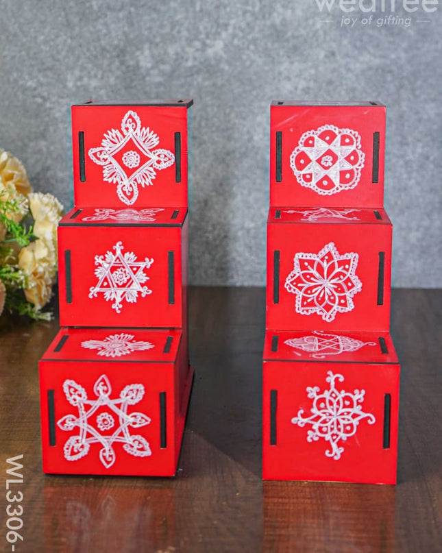 Dismantable 3 Step Diya Padi With Rangoli Prints - Set Of 2 Wl3306-3 Wooden Decor