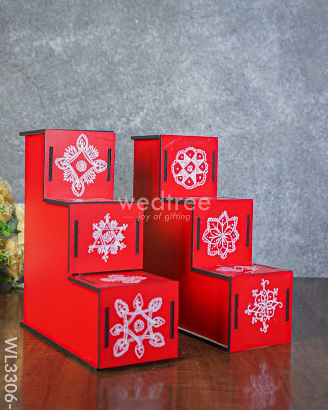 Dismantable 3 Step Diya Padi With Rangoli Prints - Set Of 2 Wl3306-3 Wooden Decor