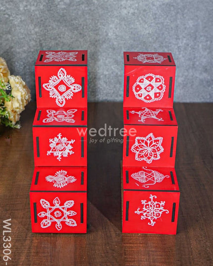 Dismantable 3 Step Diya Padi With Rangoli Prints - Set Of 2 Wl3306-3 Wooden Decor