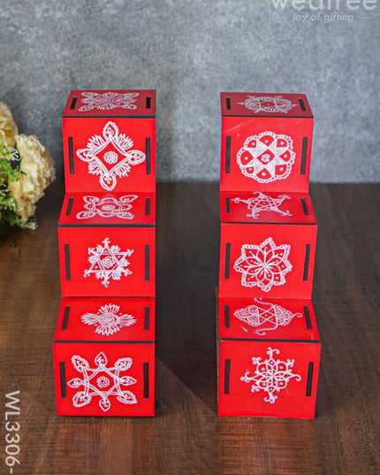 Dismantable 3 Step Diya Padi With Rangoli Prints - Set Of 2 Wl3306-3 Wooden Decor