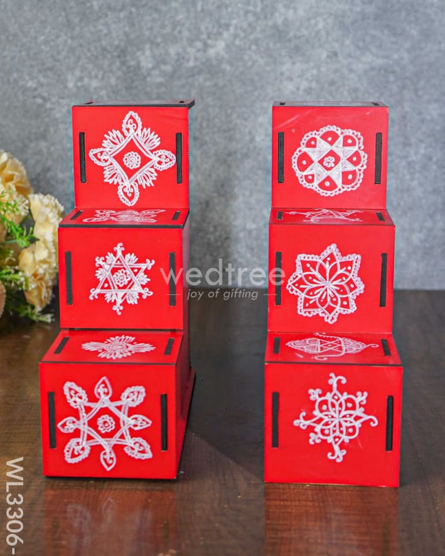Dismantable 3 Step Diya Padi With Rangoli Prints - Set Of 2 Wl3306-3 Wooden Decor