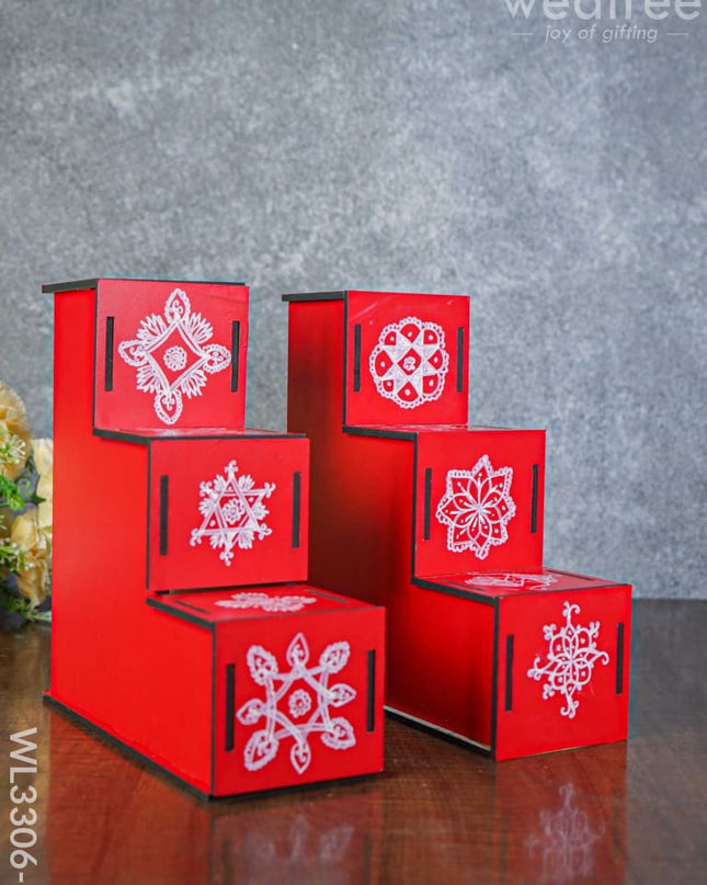 Dismantable 3 Step Diya Padi With Rangoli Prints - Set Of 2 Wl3306-3 Wooden Decor