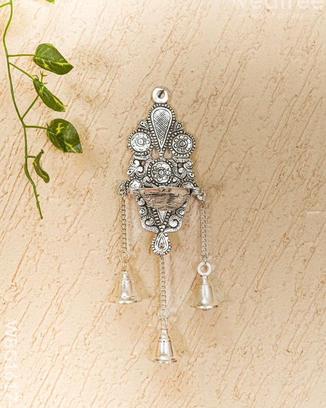White Metal Diya with Bell - 11 inch - Silver - WBG1617-2 White Metal