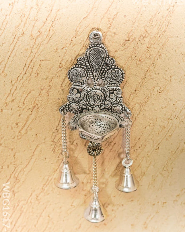 White Metal Diya with Bell - 11 inch - Silver - WBG1617-2 White Metal