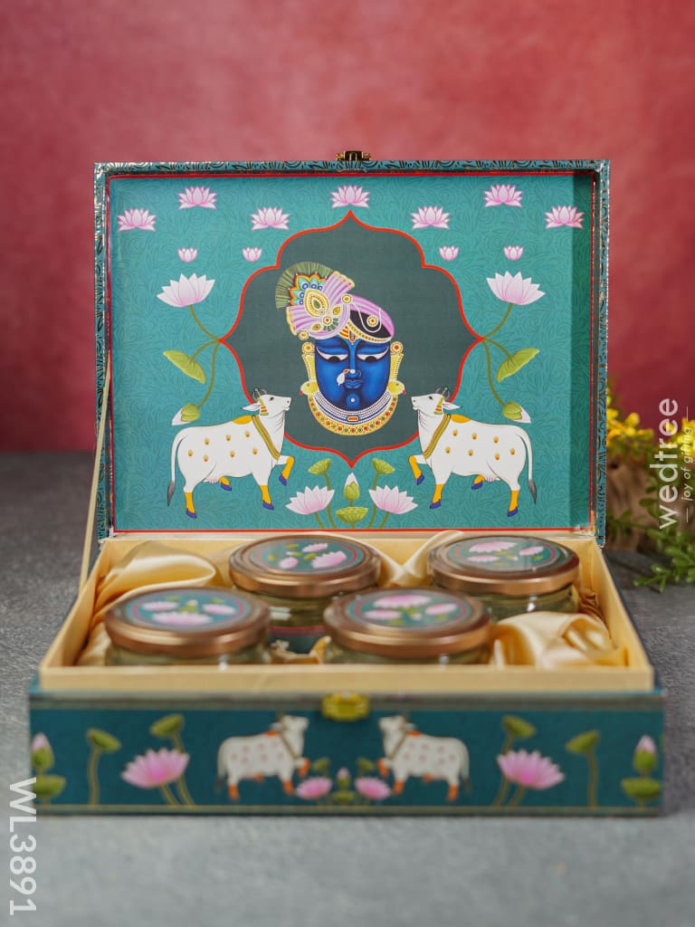 Shreenath Ji Dry Fruit Box & 4 Jars With Printed Bag - Wl3891