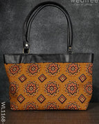 Dusky Shade Handbag with Ajrakh Prints -Black Handle - Brown