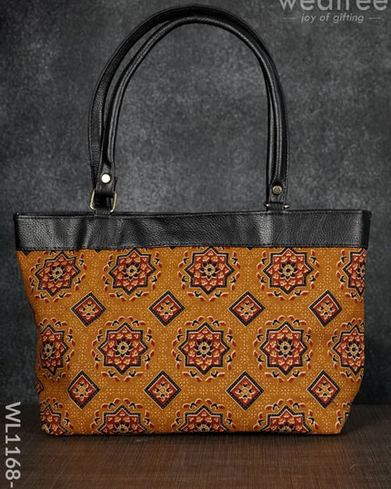 Dusky Shade Handbag With Ajrakh Prints - Wl1168 -Black Handle Brown Regular Handbags