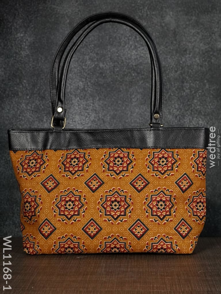 Dusky Shade Handbag With Ajrakh Prints - Wl1168 -Black Handle Brown Regular Handbags