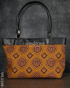 Dusky Shade Handbag with Ajrakh Prints -Black Handle - Brown