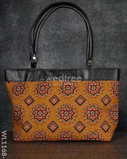 Dusky Shade Handbag With Ajrakh Prints - Wl1168 -Black Handle Brown Regular Handbags