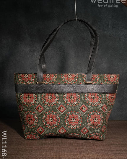 Dusky Shade Handbag With Ajrakh Prints - Wl1168 Black Handle-Dark Green Regular Handbags