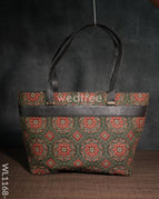 Dusky Shade Handbag with Ajrakh Prints - Black Handle-Dark Green