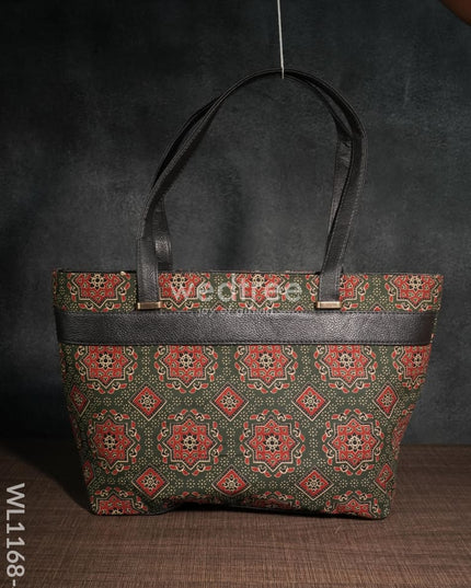 Dusky Shade Handbag With Ajrakh Prints - Wl1168 Black Handle-Dark Green Regular Handbags