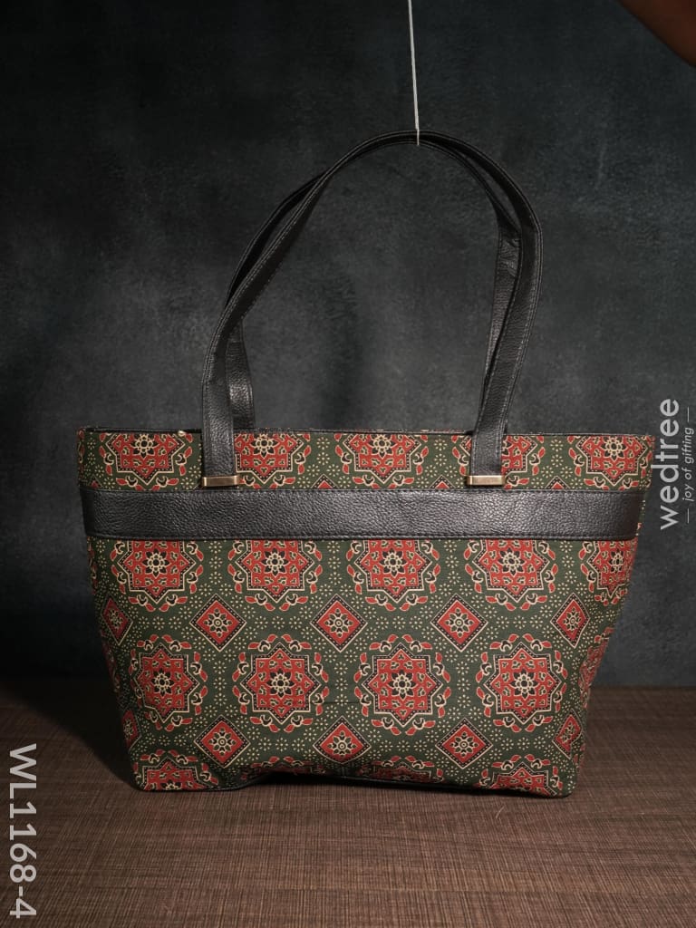 Dusky Shade Handbag With Ajrakh Prints - Wl1168 Black Handle-Dark Green Regular Handbags