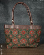 Dusky Shade Handbag with Ajrakh Prints - Brown Handle-Dark Green