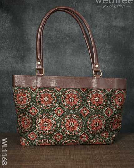 Dusky Shade Handbag With Ajrakh Prints - Wl1168 Brown Handle-Dark Green Regular Handbags