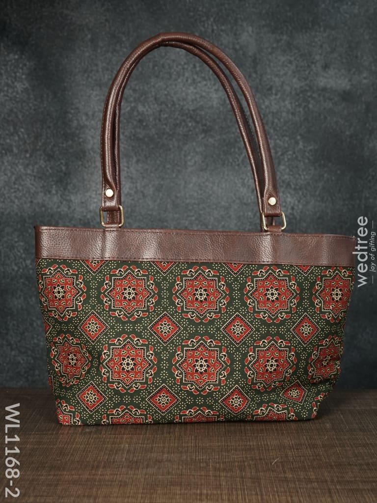 Dusky Shade Handbag With Ajrakh Prints - Wl1168 Brown Handle-Dark Green Regular Handbags