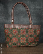 Dusky Shade Handbag with Ajrakh Prints - Brown Handle-Dark Green