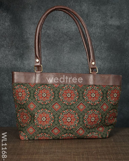 Dusky Shade Handbag With Ajrakh Prints - Wl1168 Brown Handle-Dark Green Regular Handbags