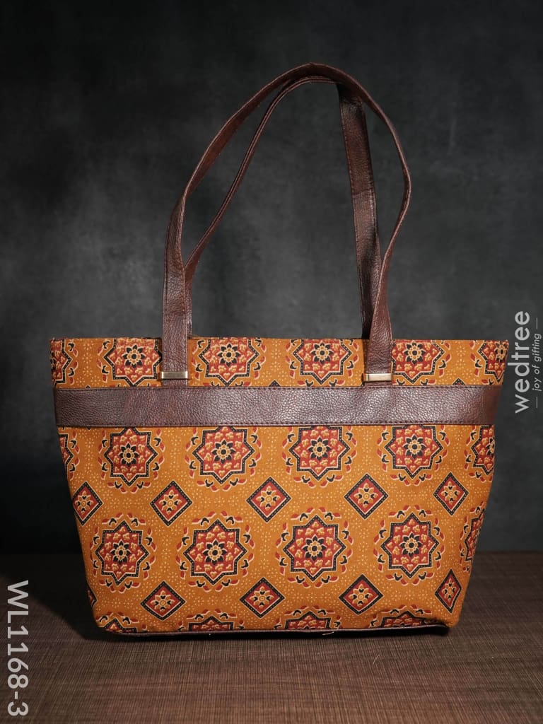 Dusky Shade Handbag With Ajrakh Prints - Wl1168 Brown Handle- Regular Handbags