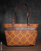 Dusky Shade Handbag with Ajrakh Prints - Brown Handle- Brown