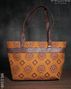 Dusky Shade Handbag with Ajrakh Prints - Brown Handle- Brown