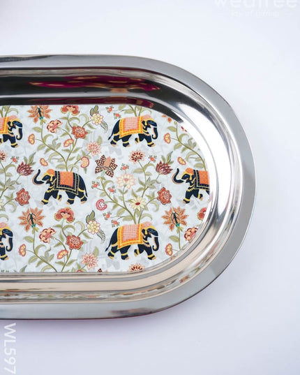 Elephant Print - Oval Plate - 12 inch - WL5979 - Meenakari Trays & Plates