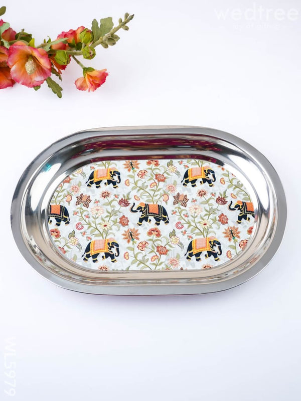 Elephant Print - Oval Plate - 12 inch - WL5979 - Meenakari Trays & Plates