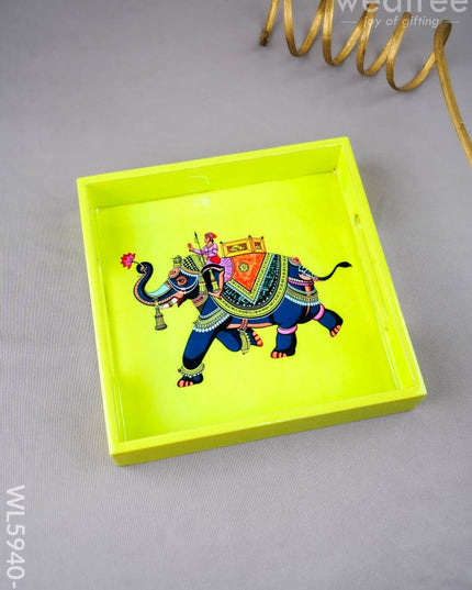Elephant Print Square Tray - 8X8 inch - WL5940-1 - Wooden Trays