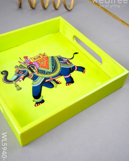 Elephant Print Square Tray - 8X8 inch - WL5940-1 - Wooden Trays