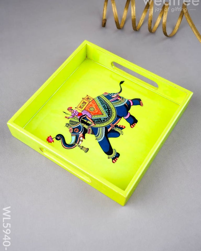 Elephant Print Square Tray - 8X8 inch - WL5940-1 - Wooden Trays