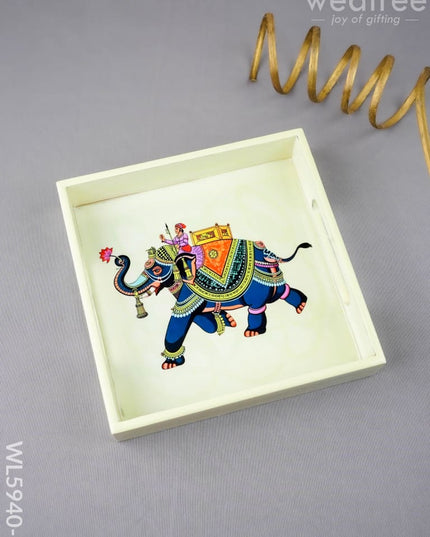 Elephant Print Square Tray - 8X8 inch - WL5940-2 - Wooden Trays