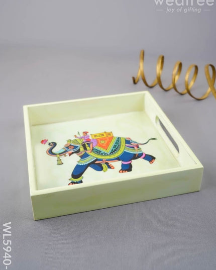 Elephant Print Square Tray - 8X8 inch - WL5940-2 - Wooden Trays