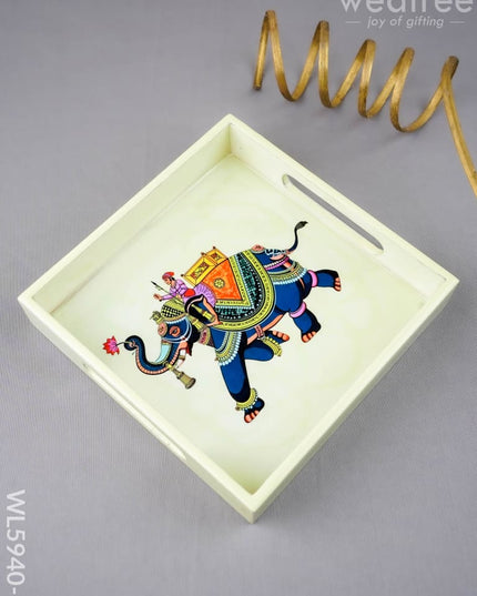Elephant Print Square Tray - 8X8 inch - WL5940-2 - Wooden Trays